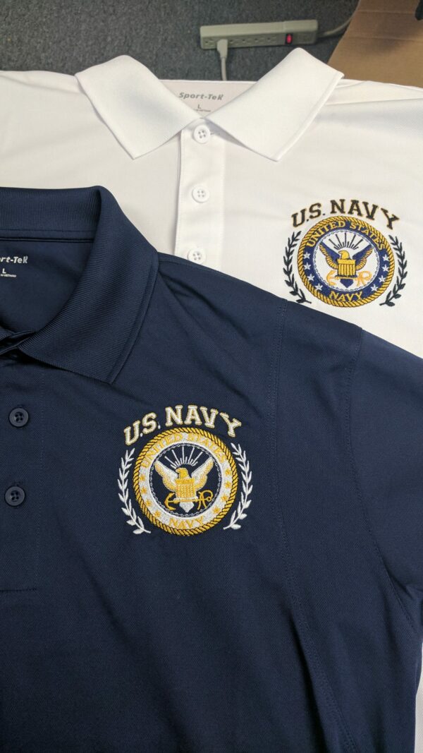 Navy logo on  sport tek shirts